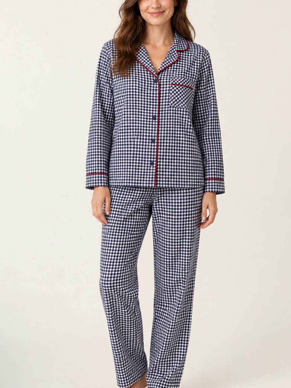 Charter Club Navy and White Gingham Pajama Set with Red Piping